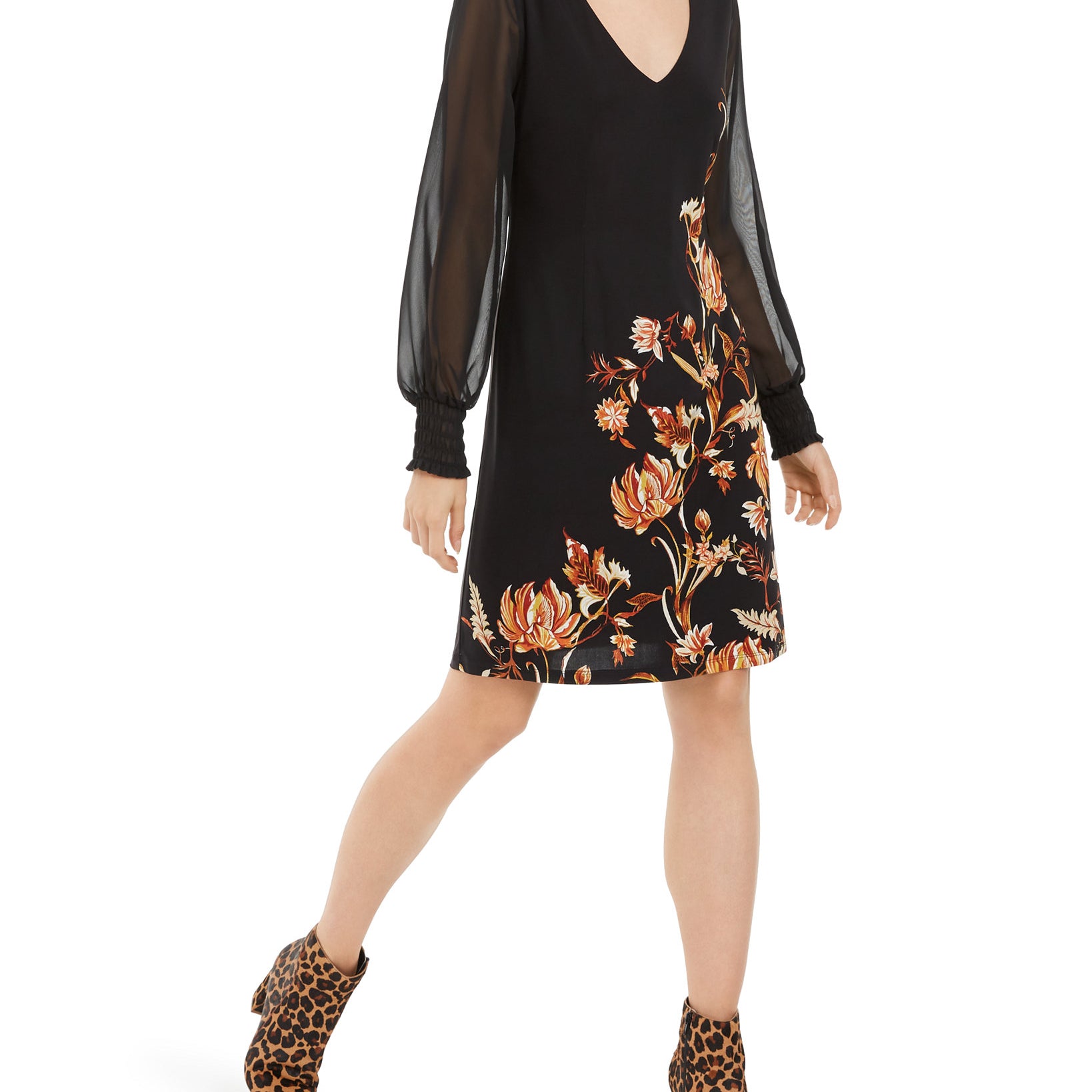 INC International Concepts Women Floral Print Statement Sleeve Dress Pumpkin Floral