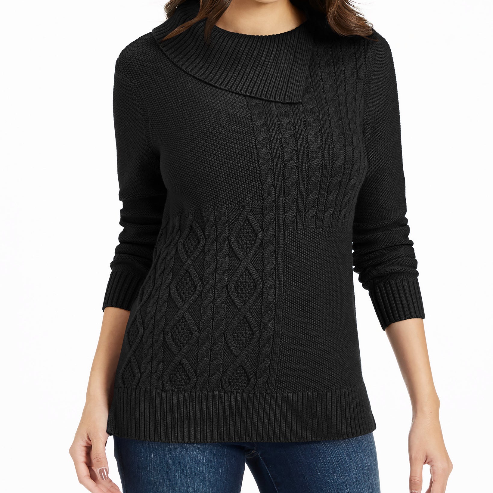 Charter Club Women Patchwork Stitch Asymmetrical Collar Sweater Deep Black