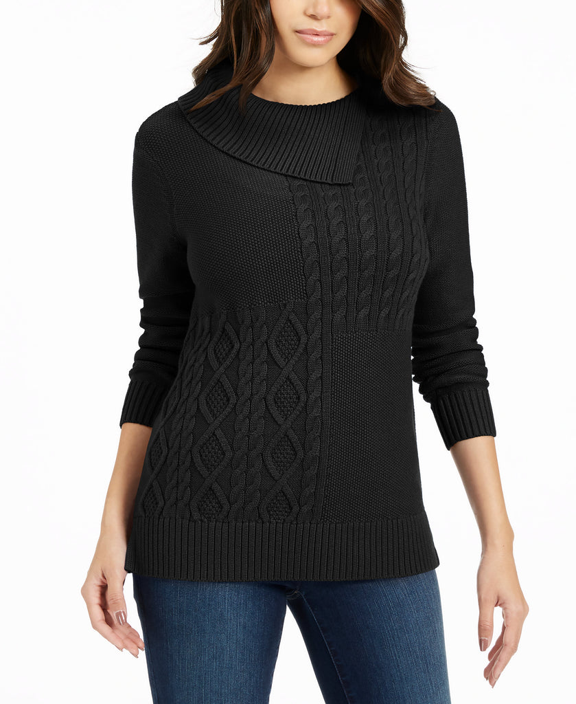 Charter Club Women Patchwork Stitch Asymmetrical Collar Sweater Deep Black
