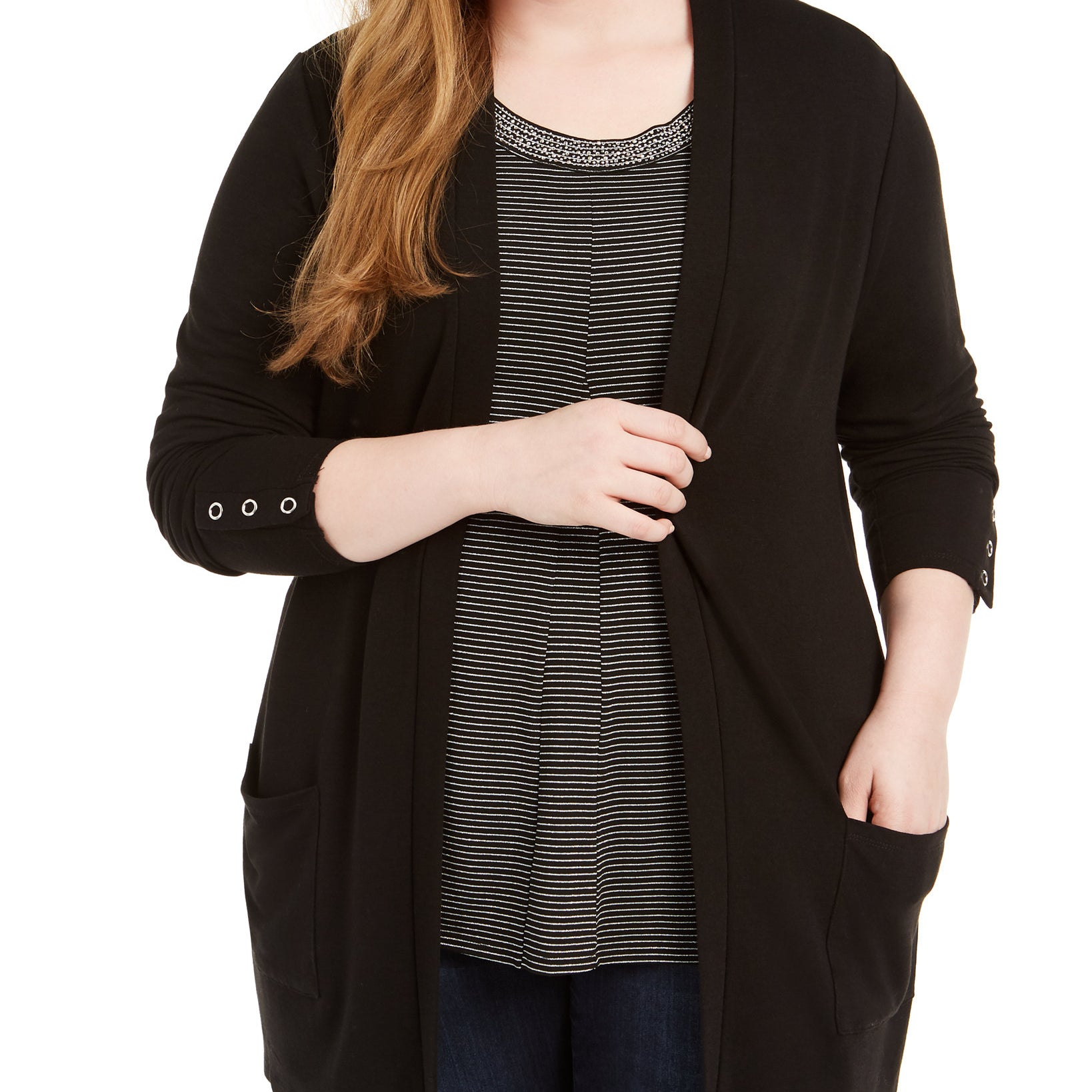 Belldini Women Plus Patch Pocket Cardigan Black Silver
