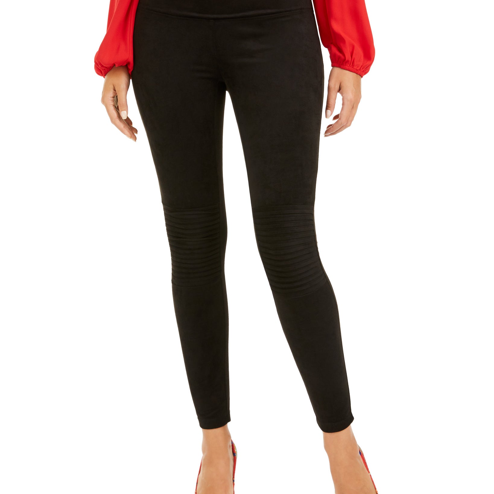 INC International Concepts Women Pintucked Faux Suede Leggings Black