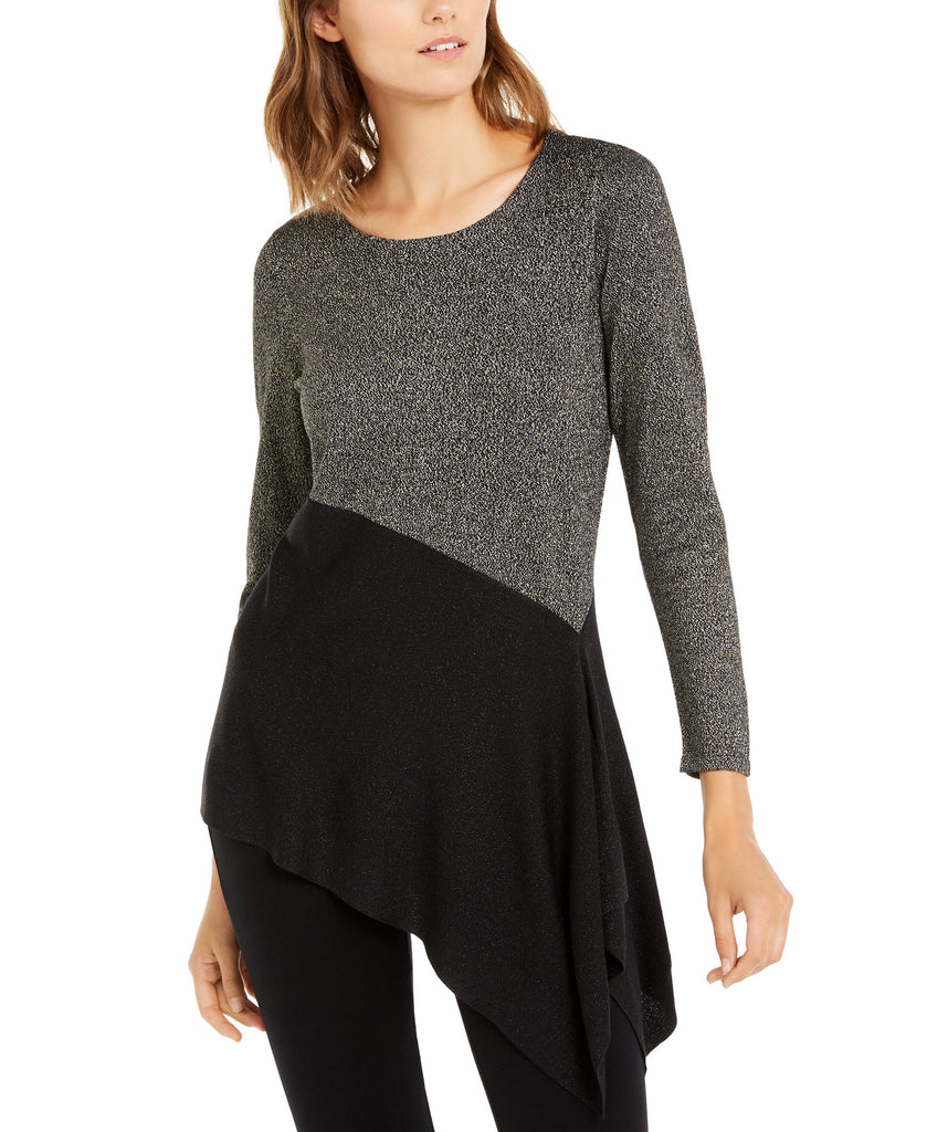 Alfani Women Petite Colorblocked Asymmetrical Sweater Deep Black