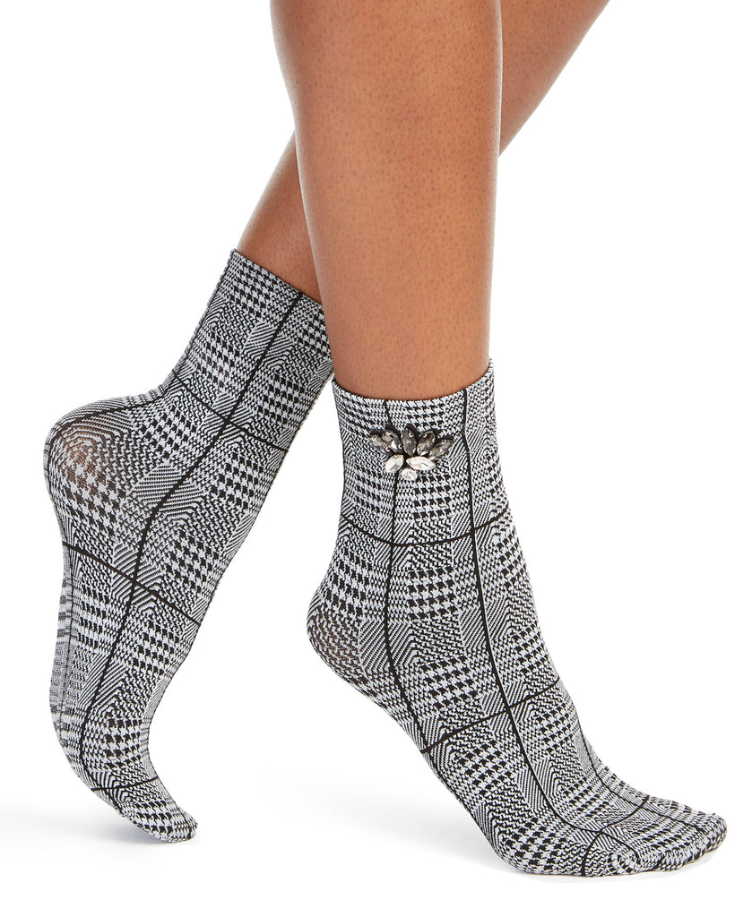 INC International Concepts Women Embellished Glen Plaid Anklet Socks Grey