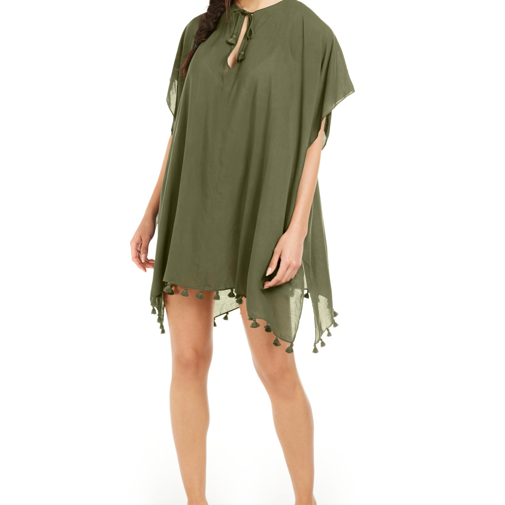DKNY Women Pom Pom Caftan Swim Cover Up Olive