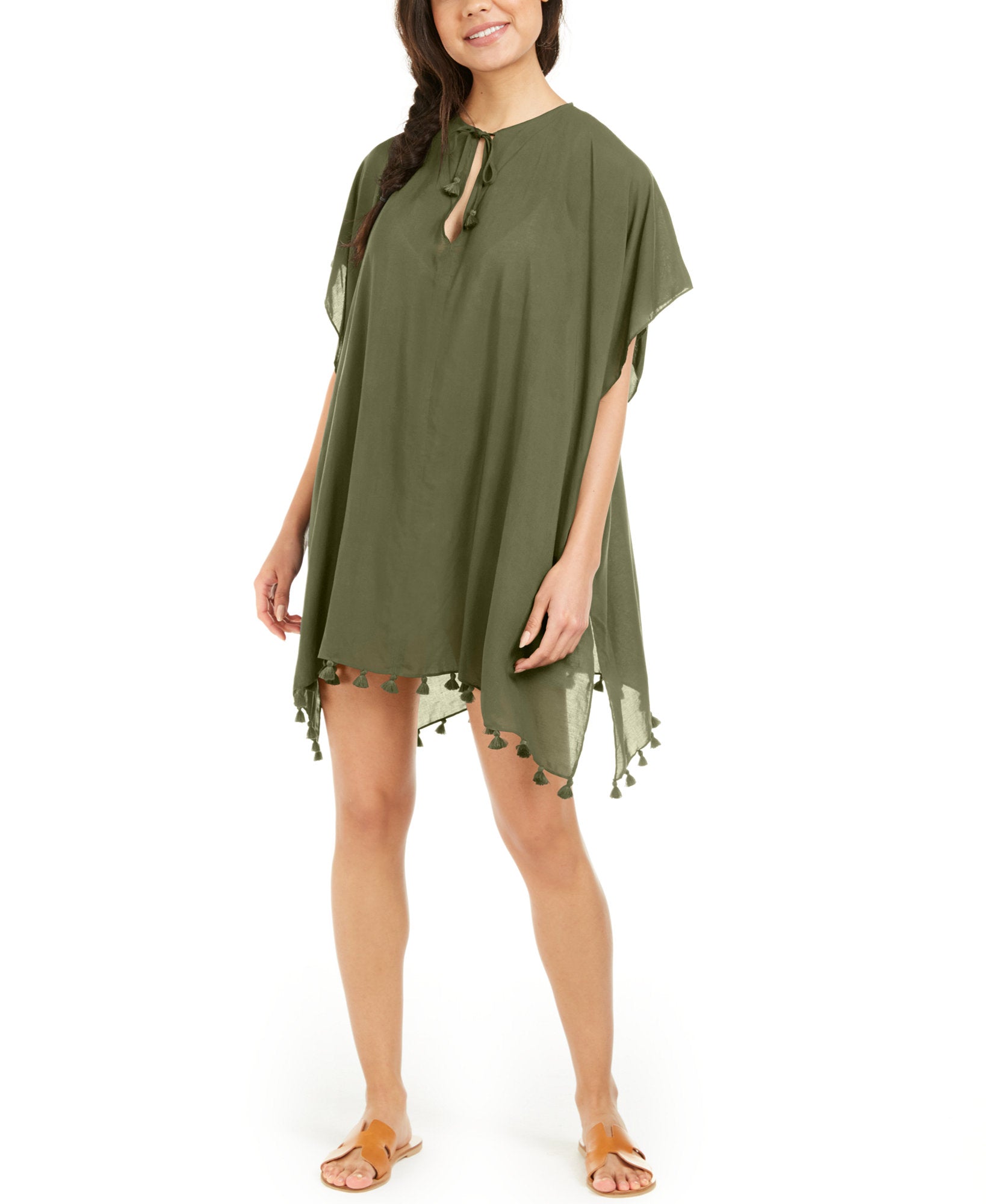 DKNY Women Pom Pom Caftan Swim Cover Up Olive