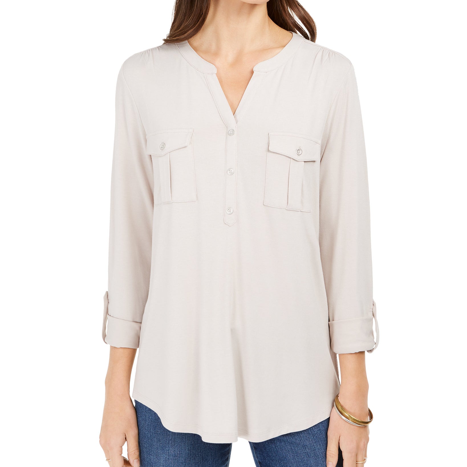 Style & Co Women Split Neck Roll Tab Sleeve Top Vanilla Bean