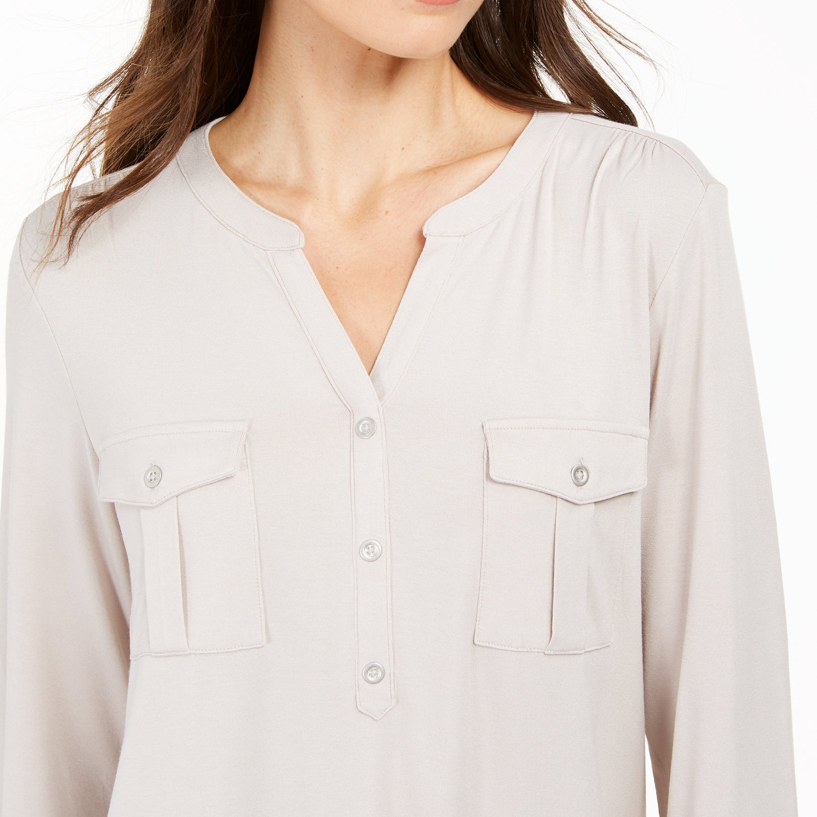 Style & Co Women Split Neck Roll Tab Sleeve Top