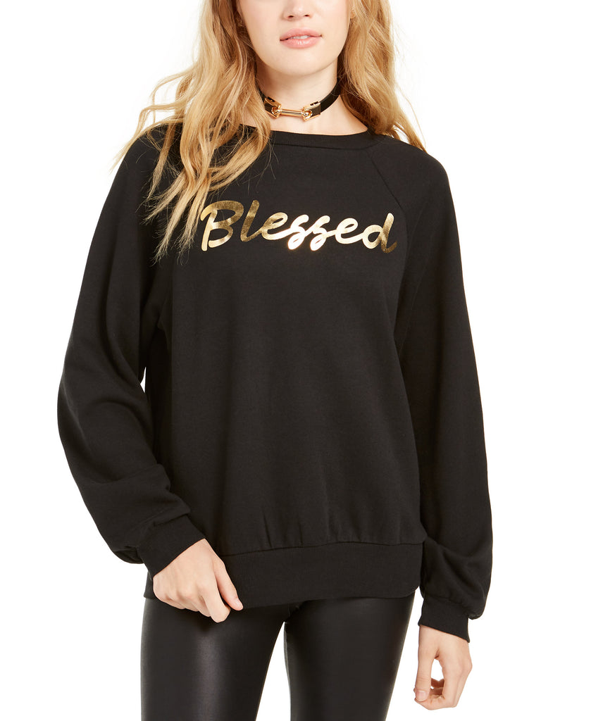 Rebellious One Women Metallic Blessed Graphic Sweatshirt Black