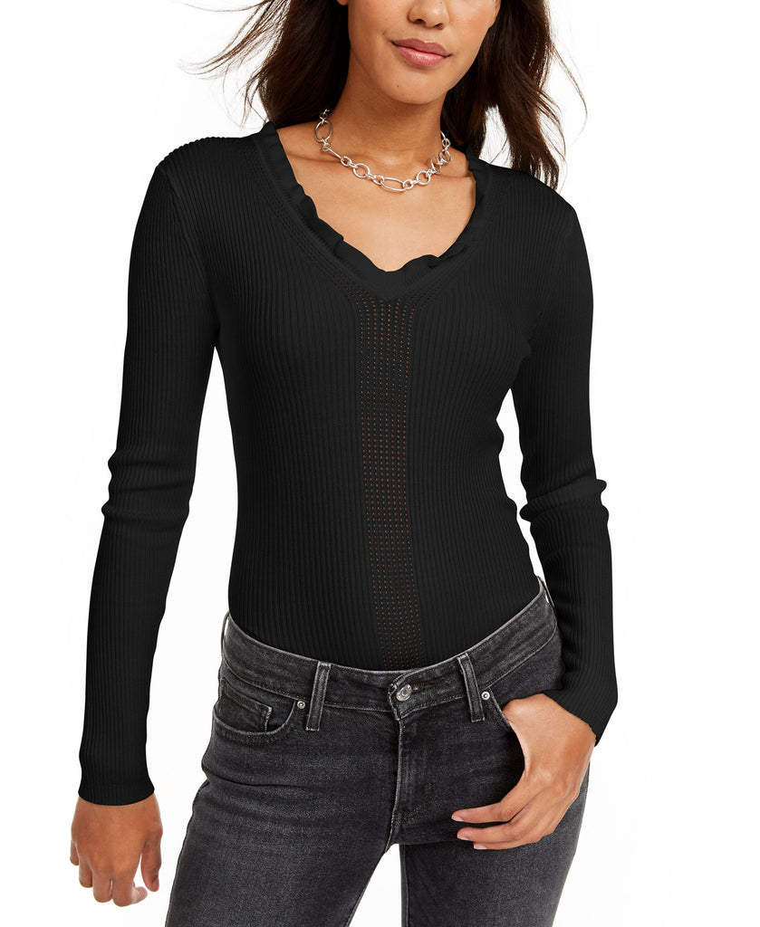 Hooked Up by IOT Women Ruffled V Neck Sweater Black