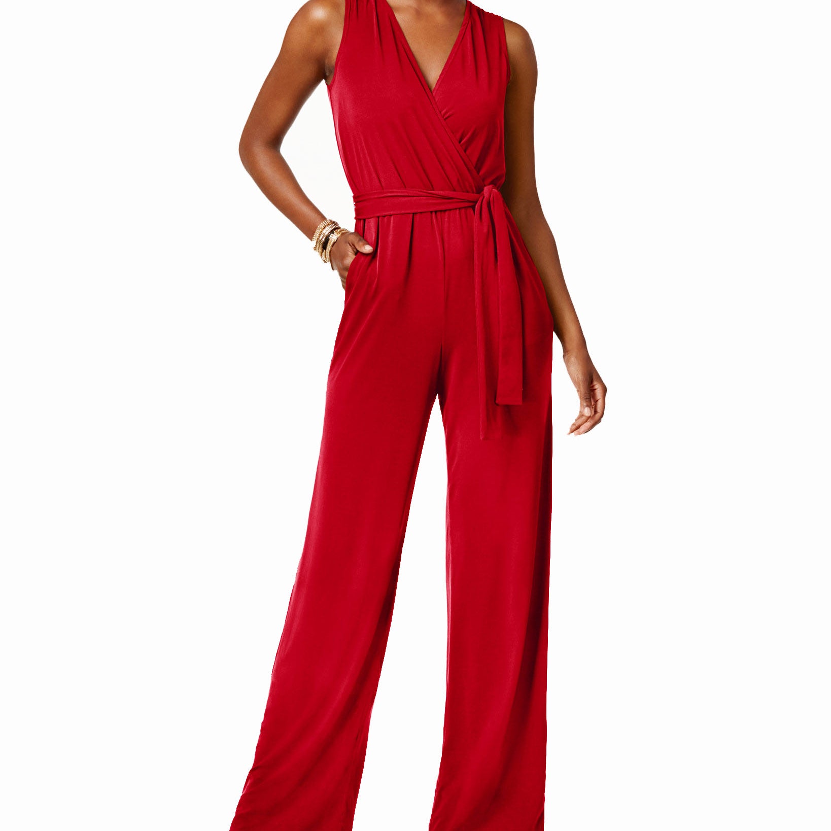 NY Collection Women Petite Surplice Belted Wide Leg Jumpsuit Jester Red