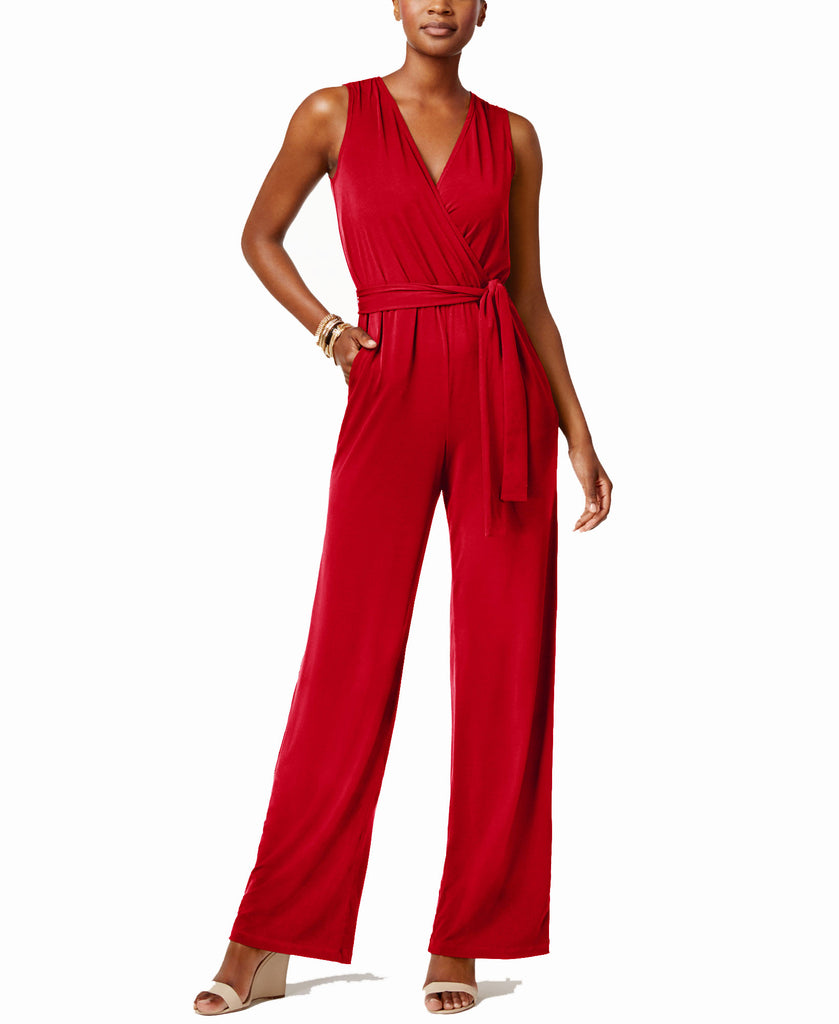 NY Collection Women Petite Surplice Belted Wide Leg Jumpsuit Jester Red