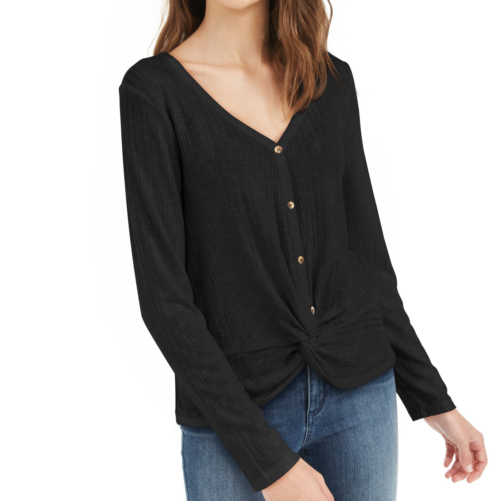 Hippie-Rose-Women-Twist-Front-Button-Up-Top-Black