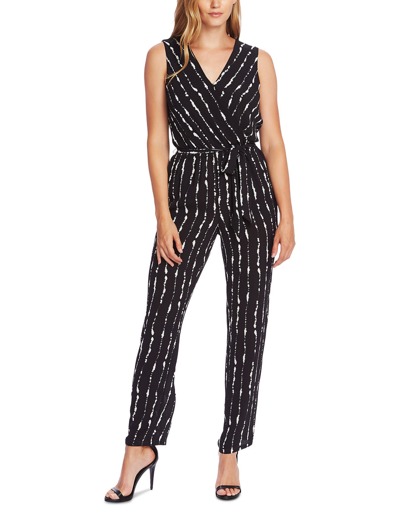 Vince Camuto Women Sleeveless Printed Belted Jumpsuit Rich Black