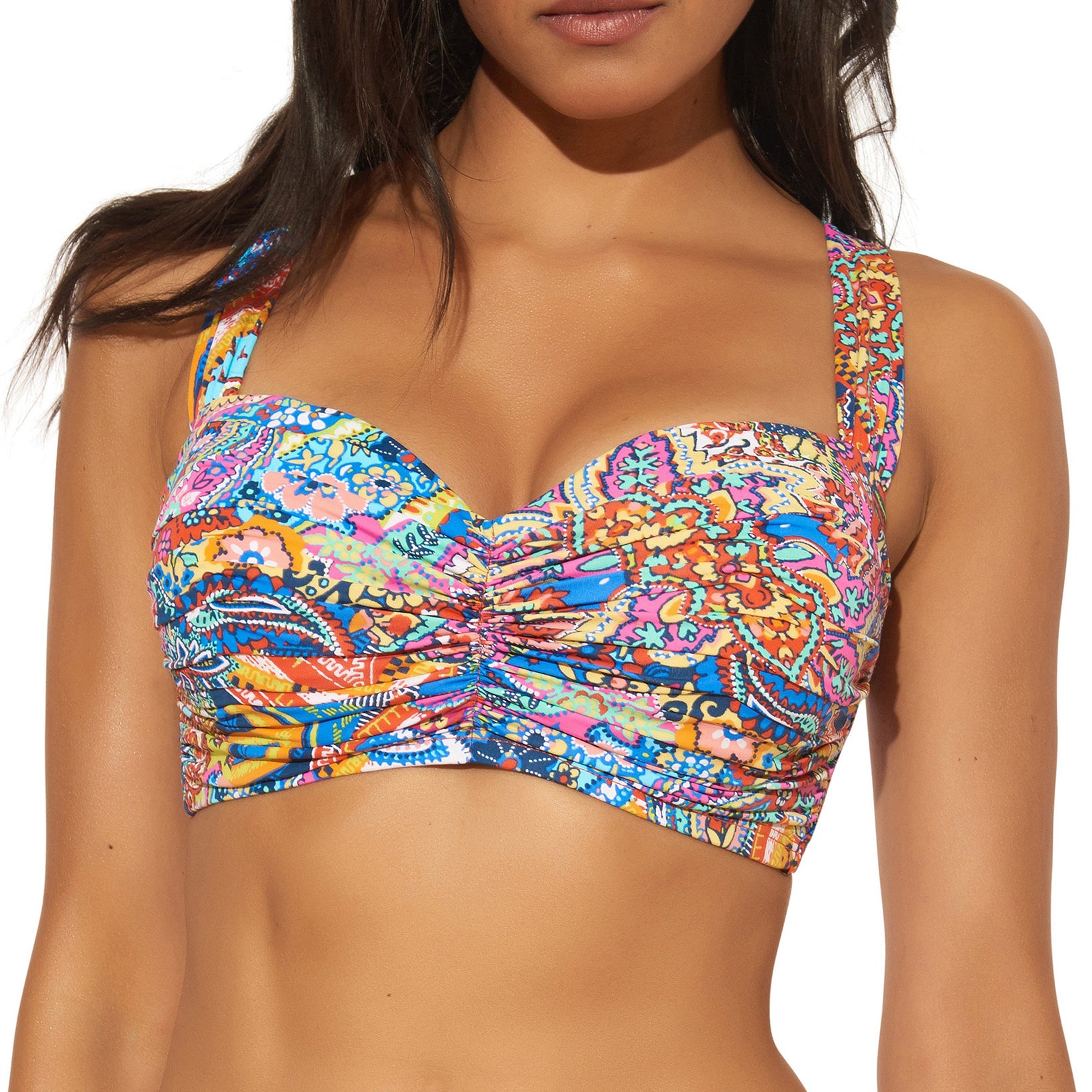 Bleu by Rod Beattie Women Printed Ruched Underwire Bikini D Cup Top Multi