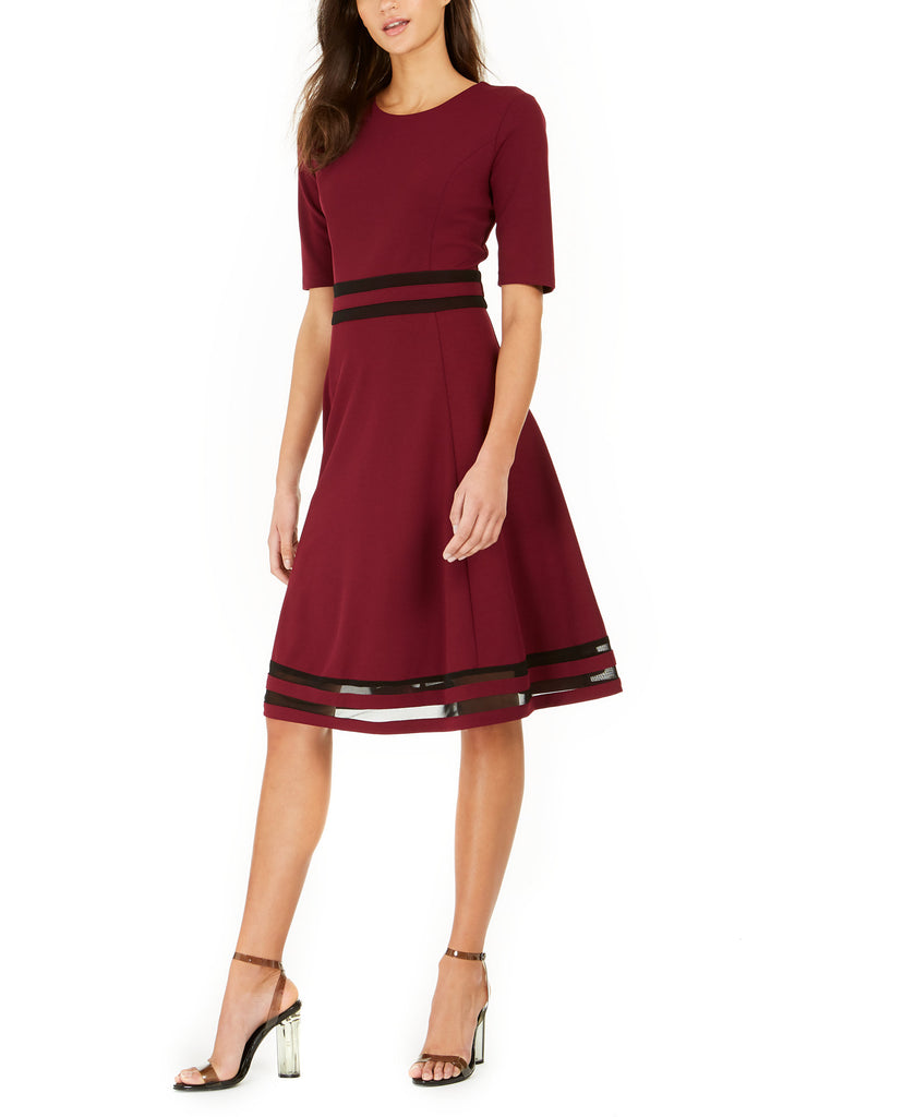 NY Collection Women Petite Mesh Stripe Dress Burgandy