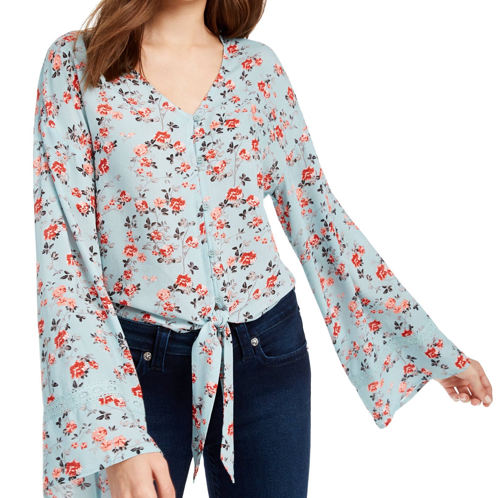 Freshman Women Floral Print Tie Waist Blouse