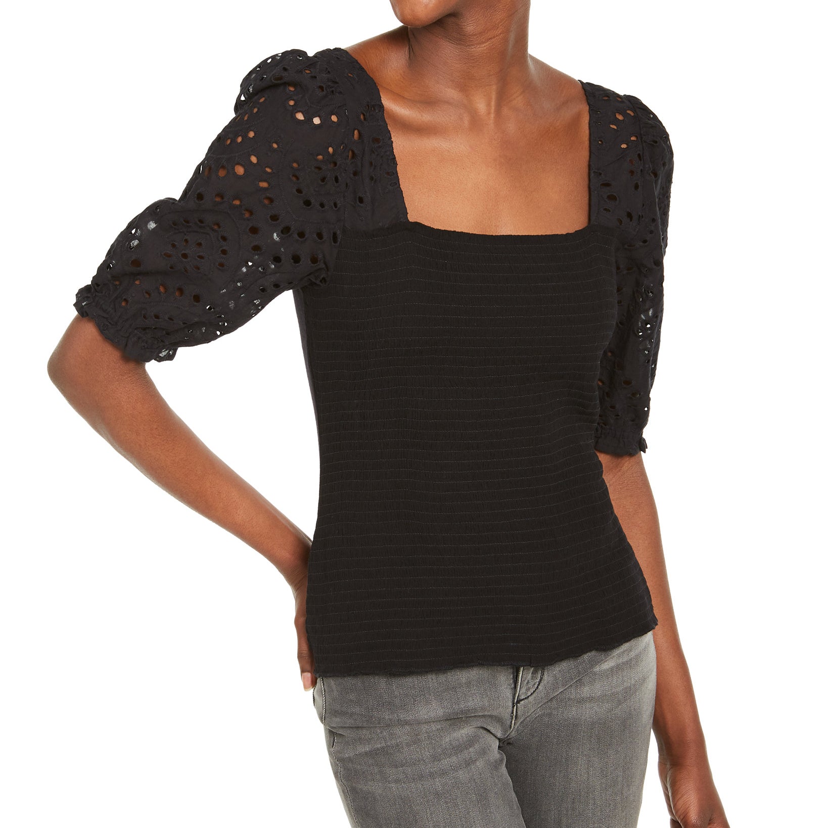 INC International Concepts Women Smocked Eyelet Sleeves Deep Black
