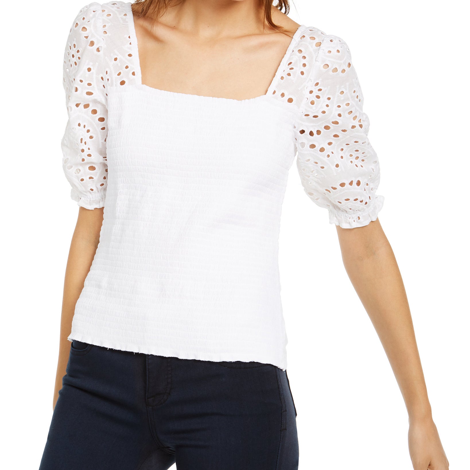 INC International Concepts Women Smocked Eyelet Sleeves Bright White