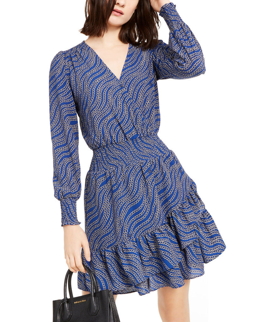 MICHAEL Michael Kors Women Petite Printed Ruffled Wrap Dress Twilight Blue