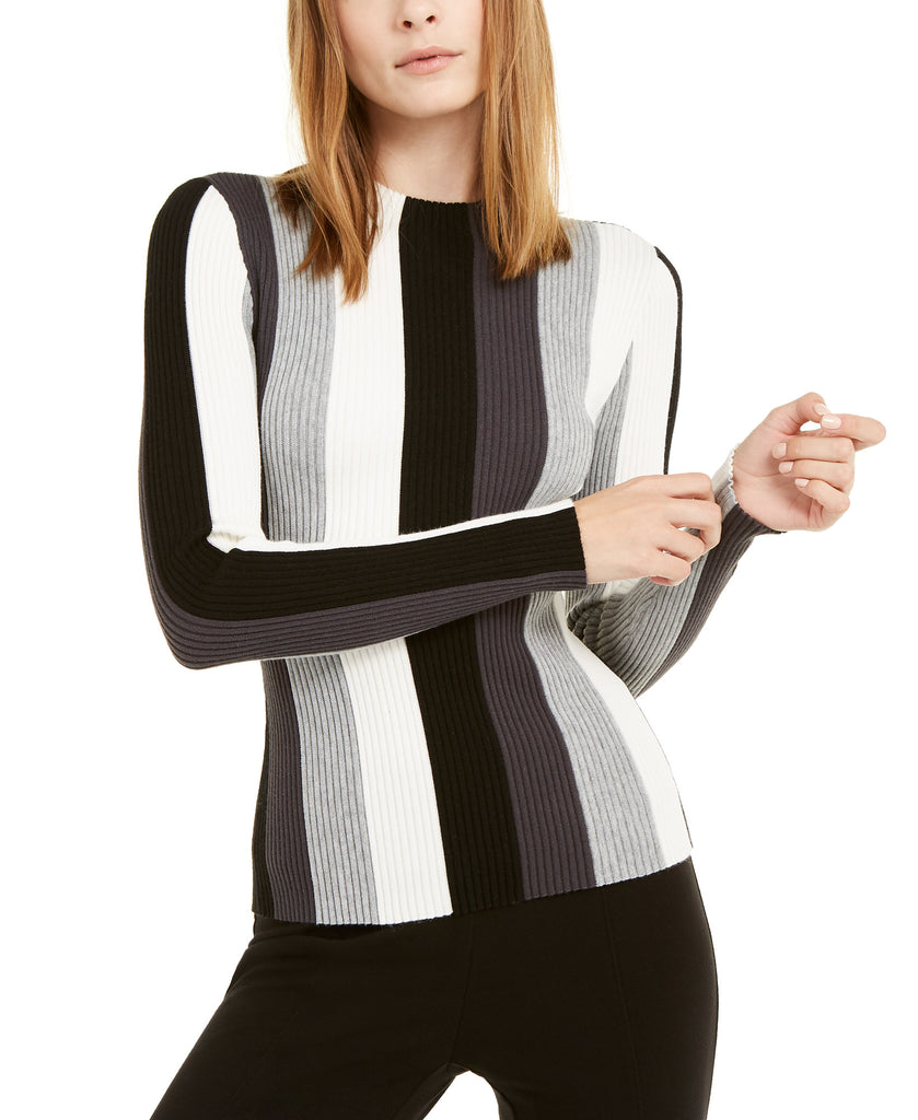 INC International Concepts Women Striped Ribbed Mock Neck Sweater Deep Black
