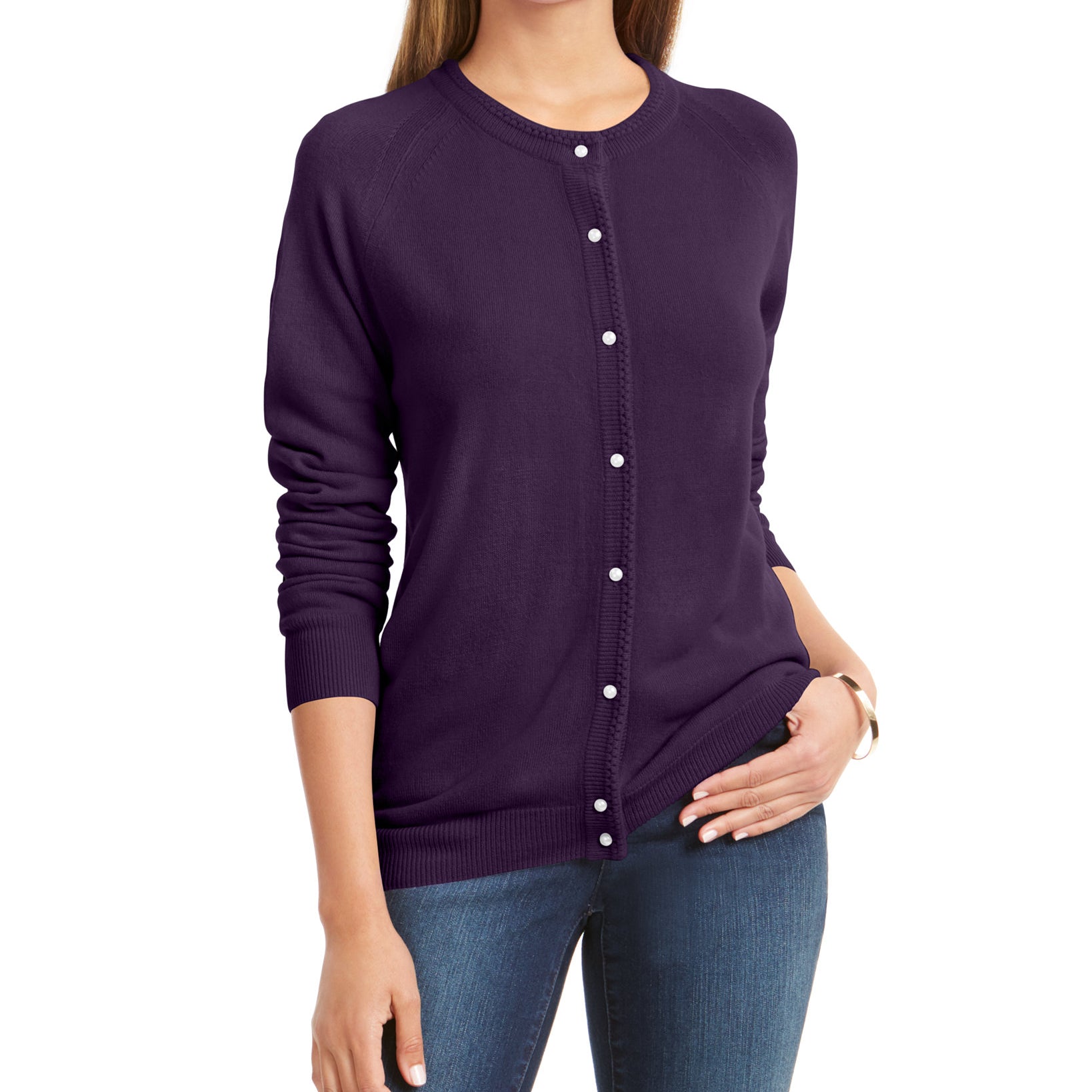 Karen Scott Women Petite Luxsoft Button Cardigan Purple Dynasty