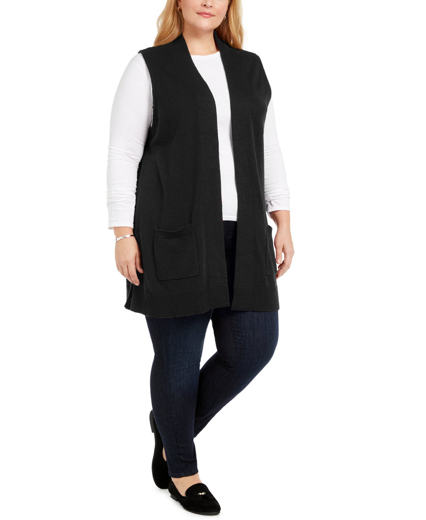 Karen Scott Women Plus Duster Length Sweater Vest Deep Black