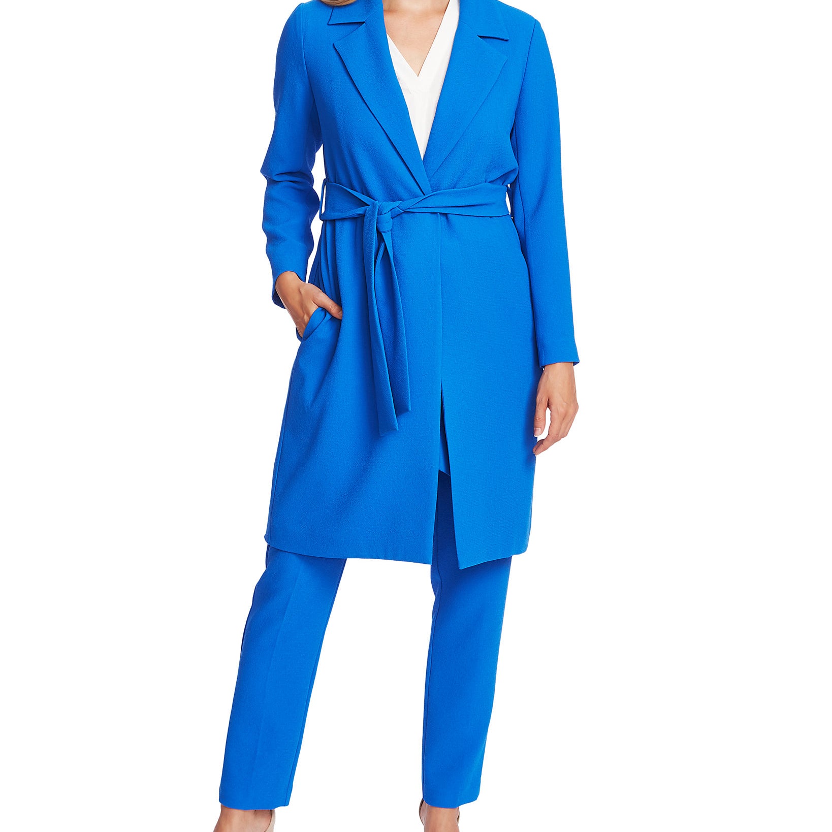 Vince Camuto Women Notched Lapel Belted Topper Jacket Deep River