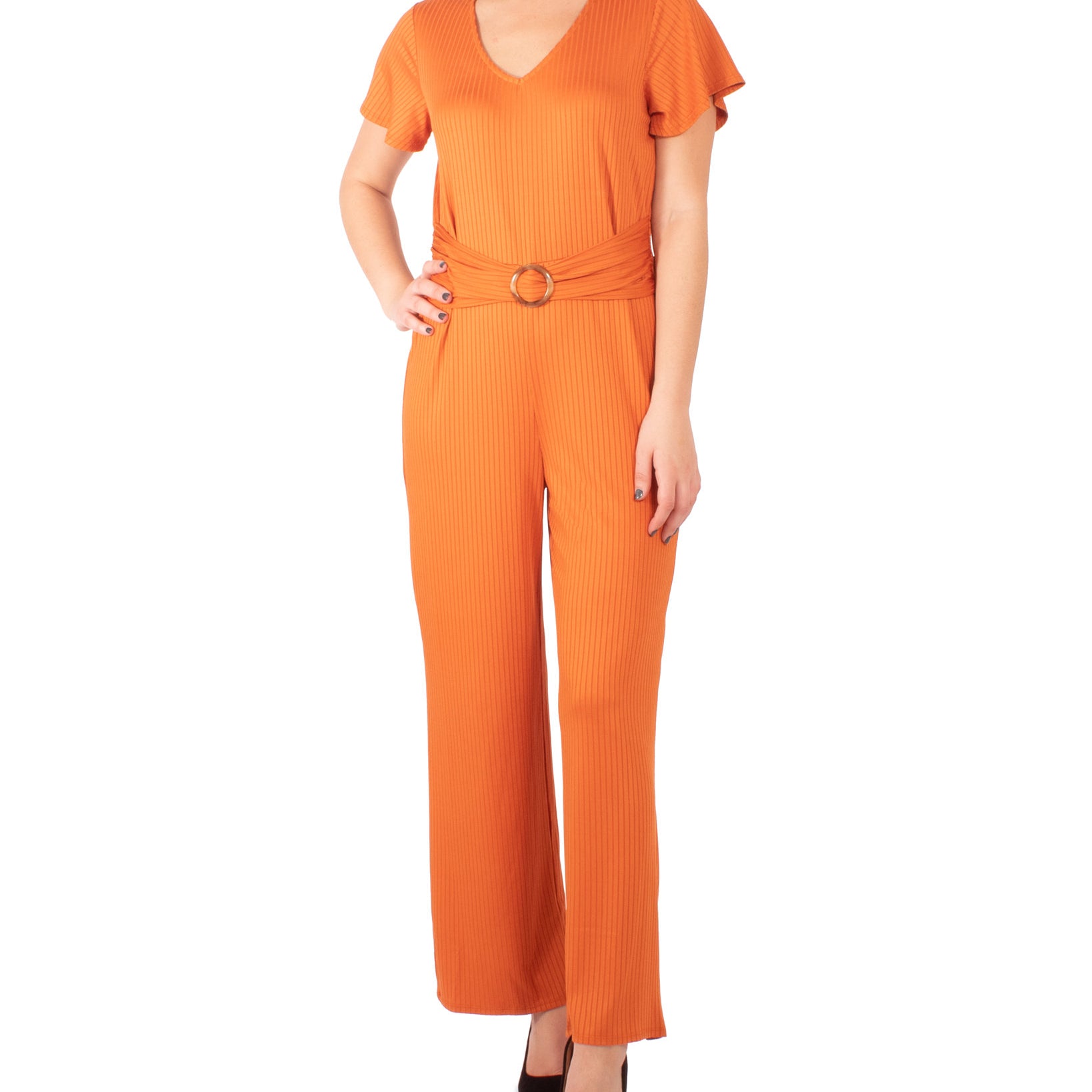 NY Collection Women Petite Belted Jumpsuit Amber Rust