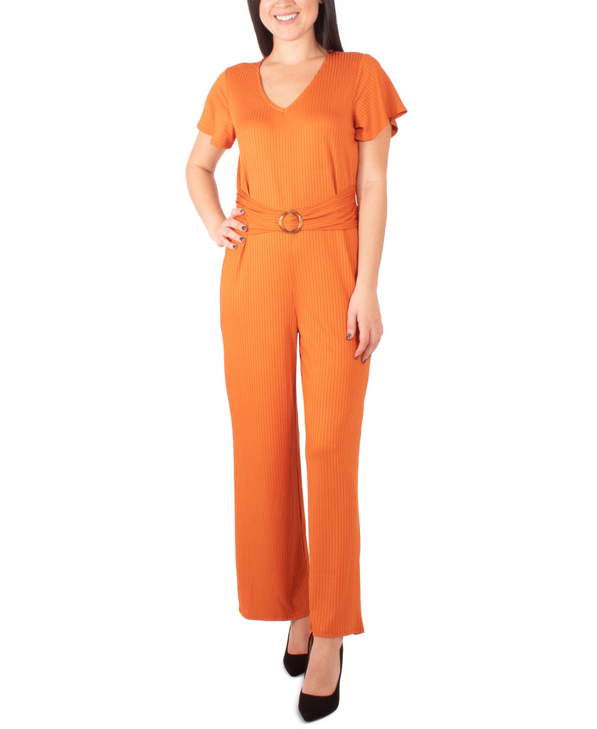 NY Collection Women Petite Belted Jumpsuit Amber Rust