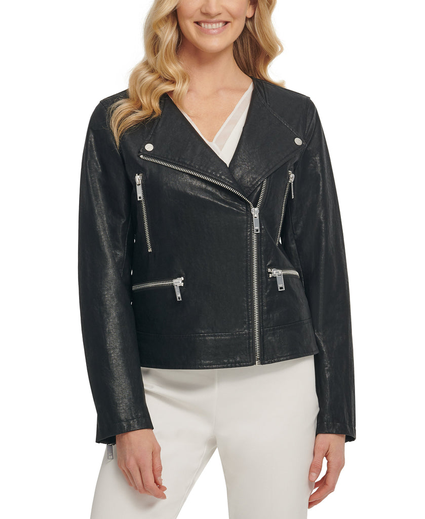 DKNY Women Faux Leather Moto Jacket Black
