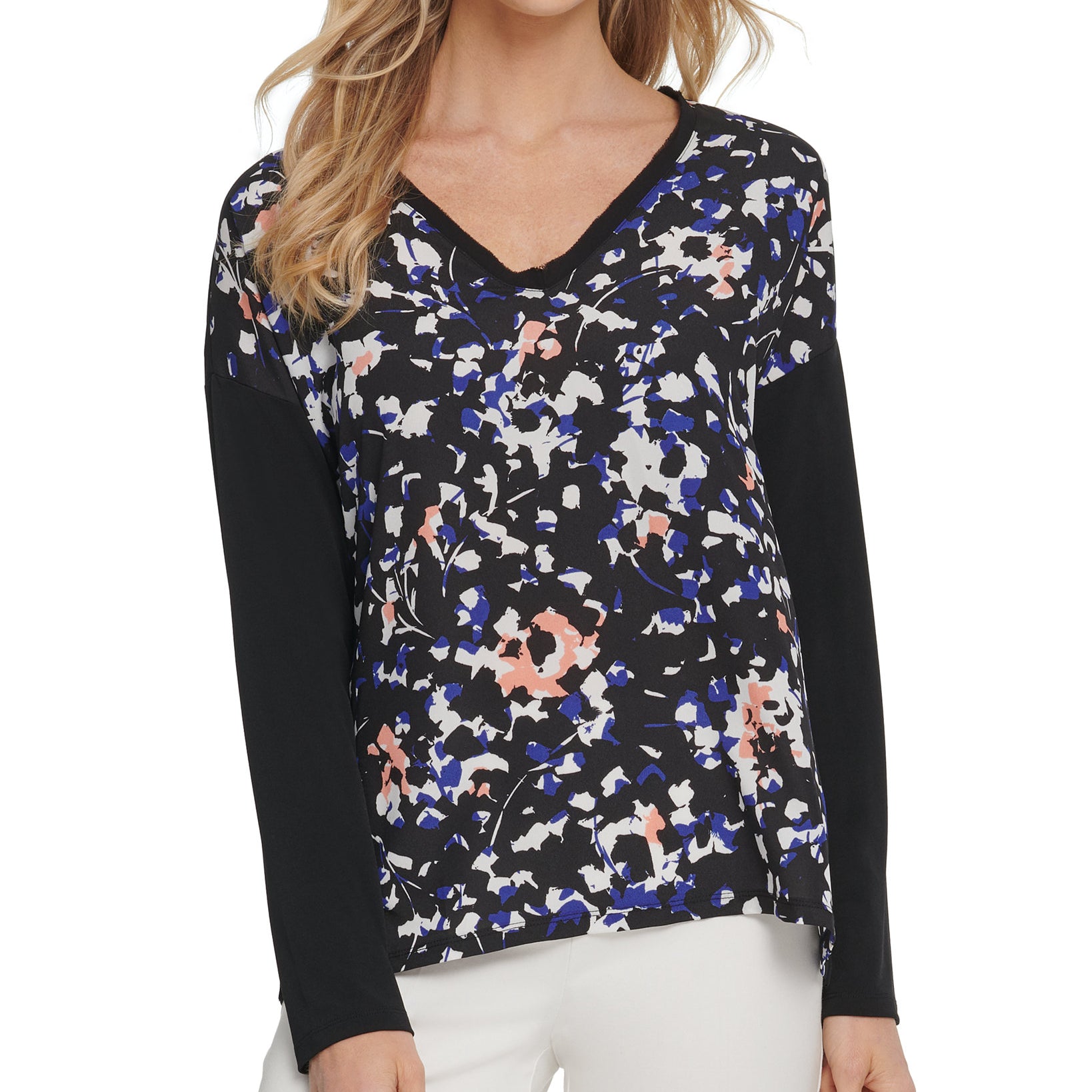 DKNY Women Mixed Media V Neck Top Black Multi