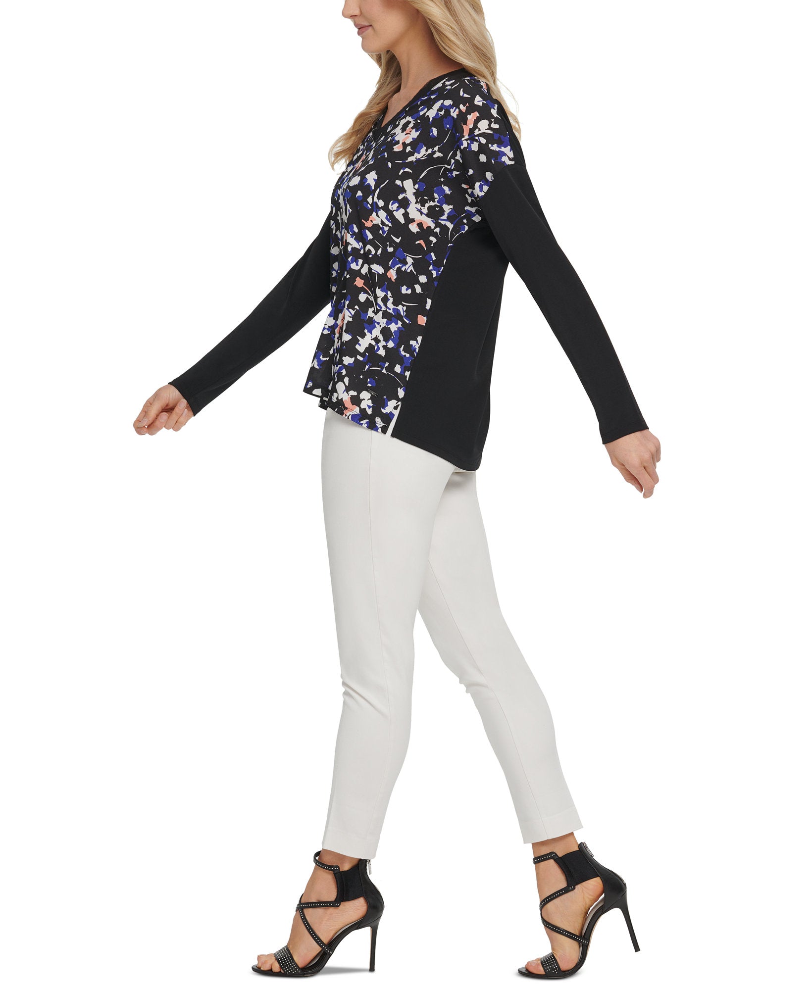 DKNY Women Mixed Media V Neck Top