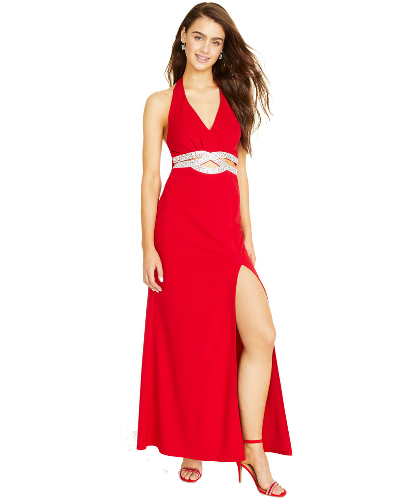 Speechless Women Embellished Halter Gown Red