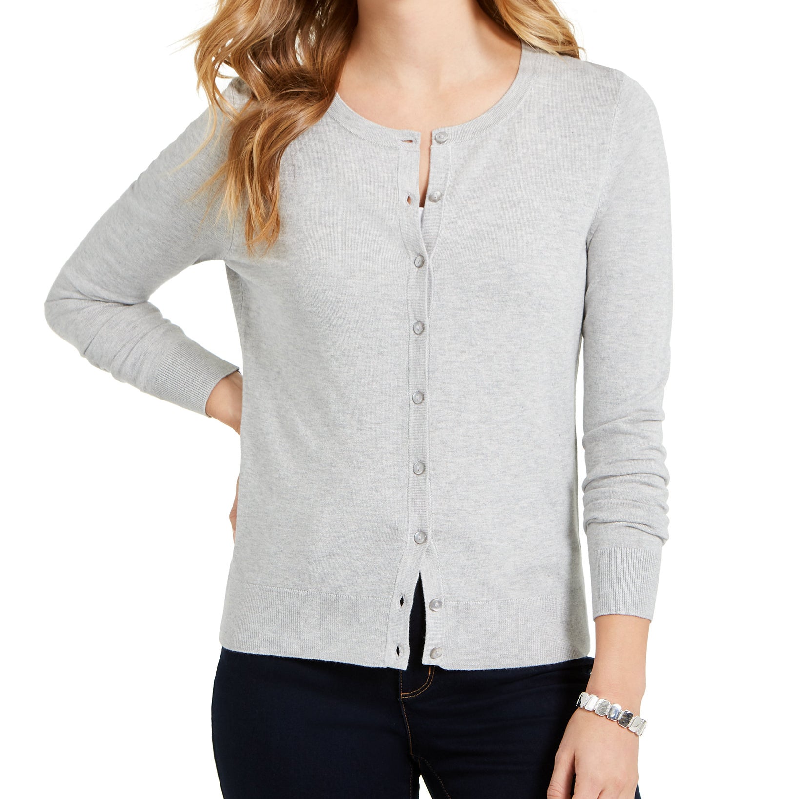 Charter Club Women Long Sleeve Button Front Cardigan Silver Tin Heather