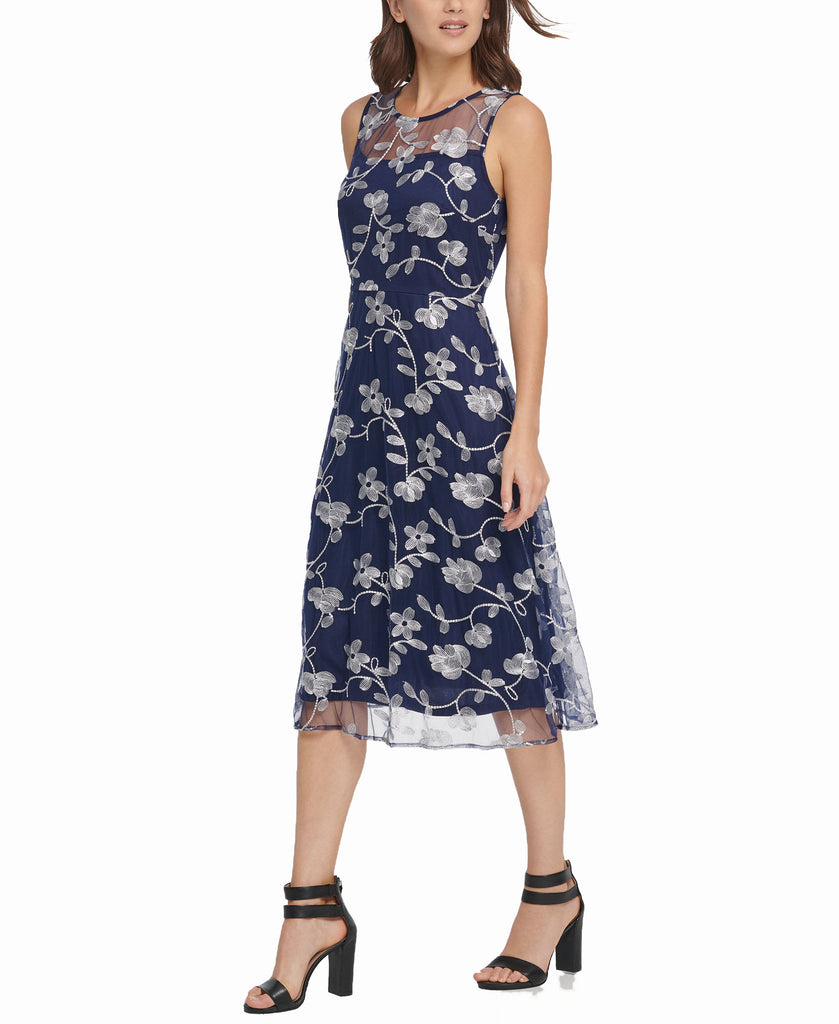 DKNY Women Embroidered Midi Fit & Flare Dress