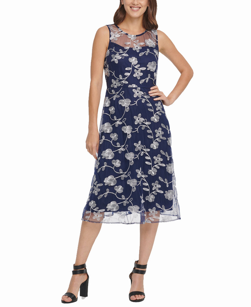 DKNY Women Embroidered Midi Fit & Flare Dress Navy Multi