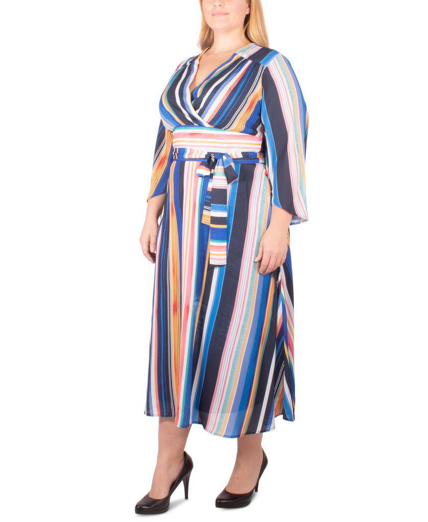 NY Collection Women Plus Striped Belted Wrap Dress