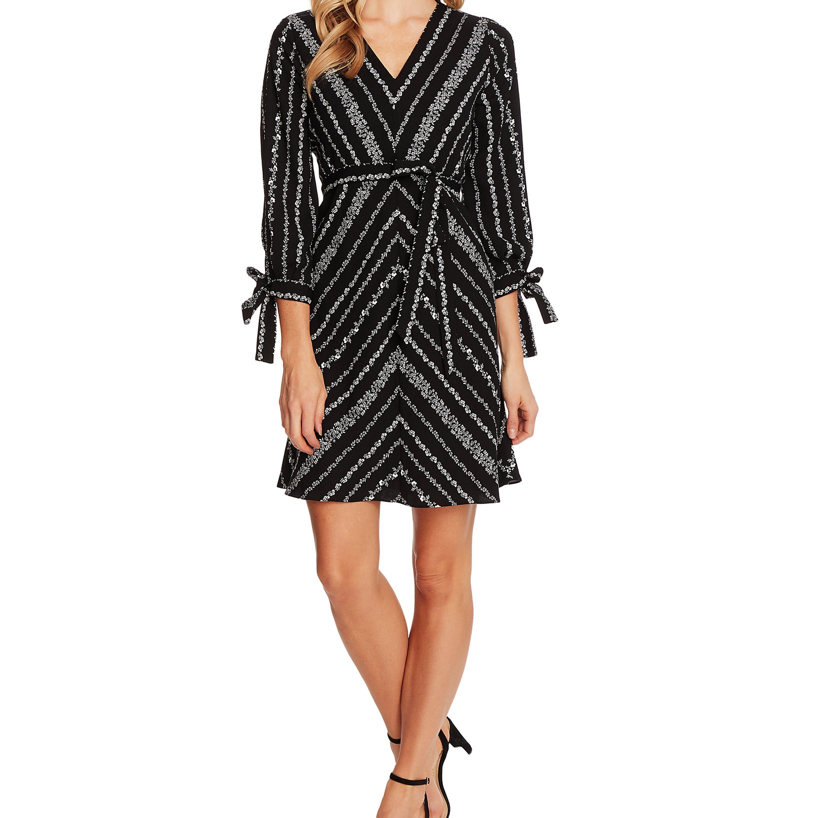CeCe Women Printed Tie Sleeve Dress Rich Black