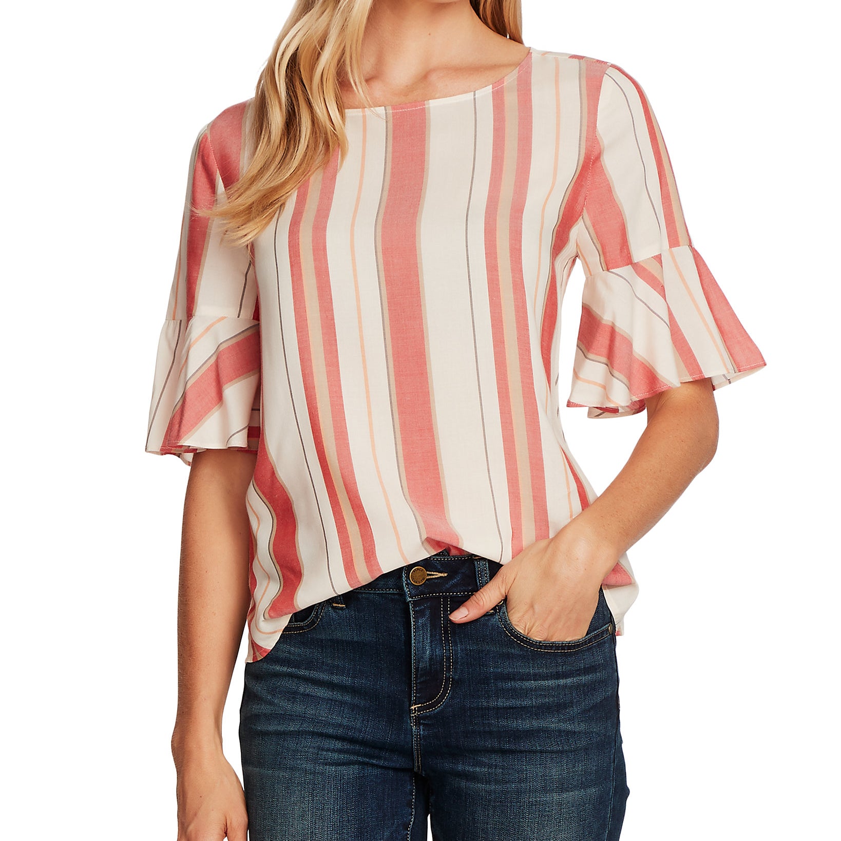 Vince Camuto Women Striped Flutter Cuff Dropped Shoulder Top Rhubarb