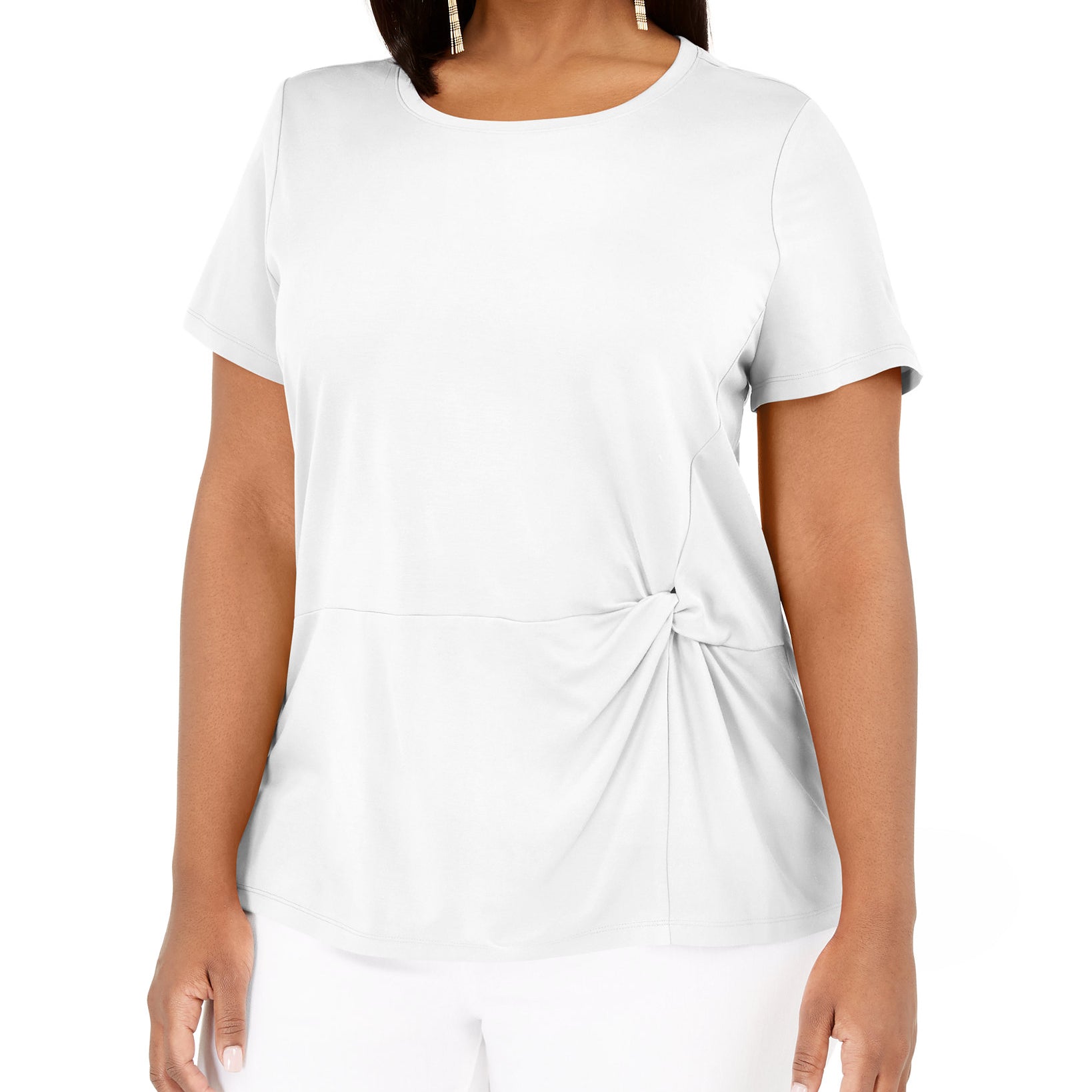INC International Concepts Women Plus Knot Side T Shirt Bright White