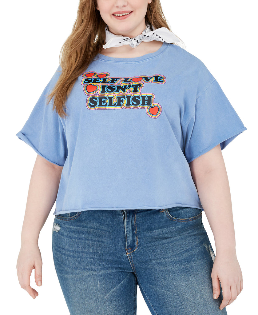 Modern Lux Women Plus Trendy Cotton Self Love Graphic Cropped T Shirt Cyan Blue