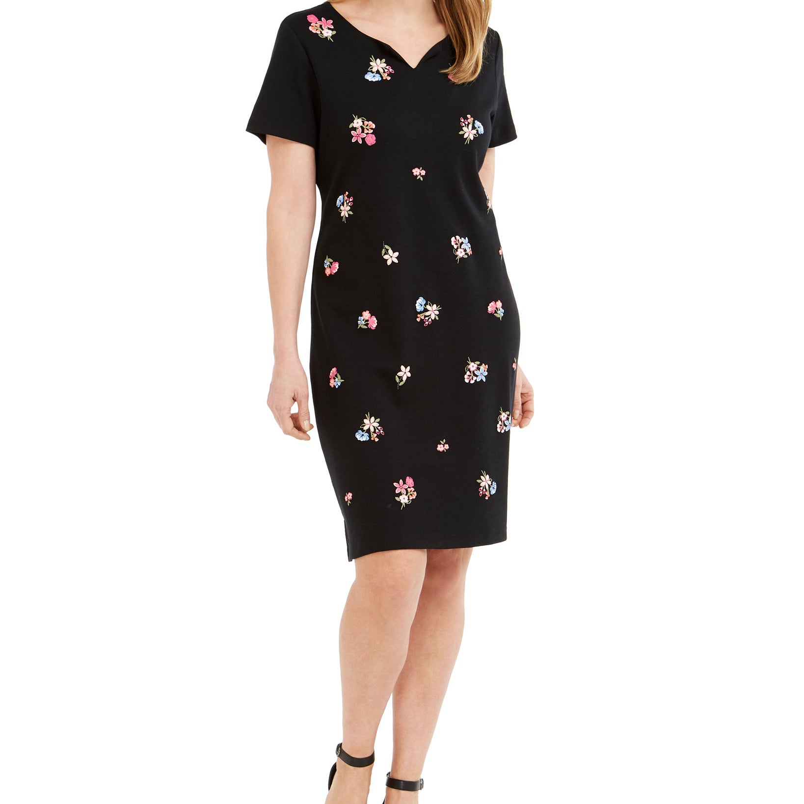 Karen Scott Womens Petite Split Neck Embroidered Dress Deep Black