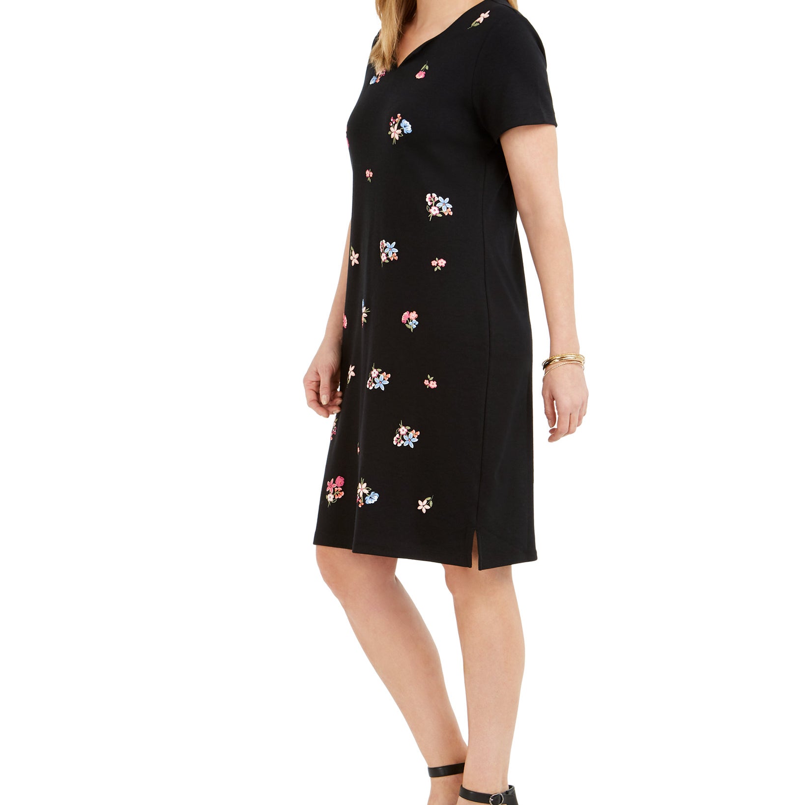 Karen Scott Womens Petite Split Neck Embroidered Dress