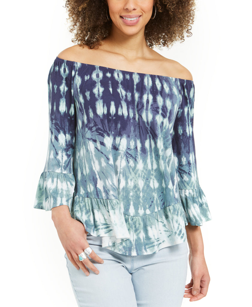 Style & Co Petite Printed Off The Shoulder Top Desertdye Blue