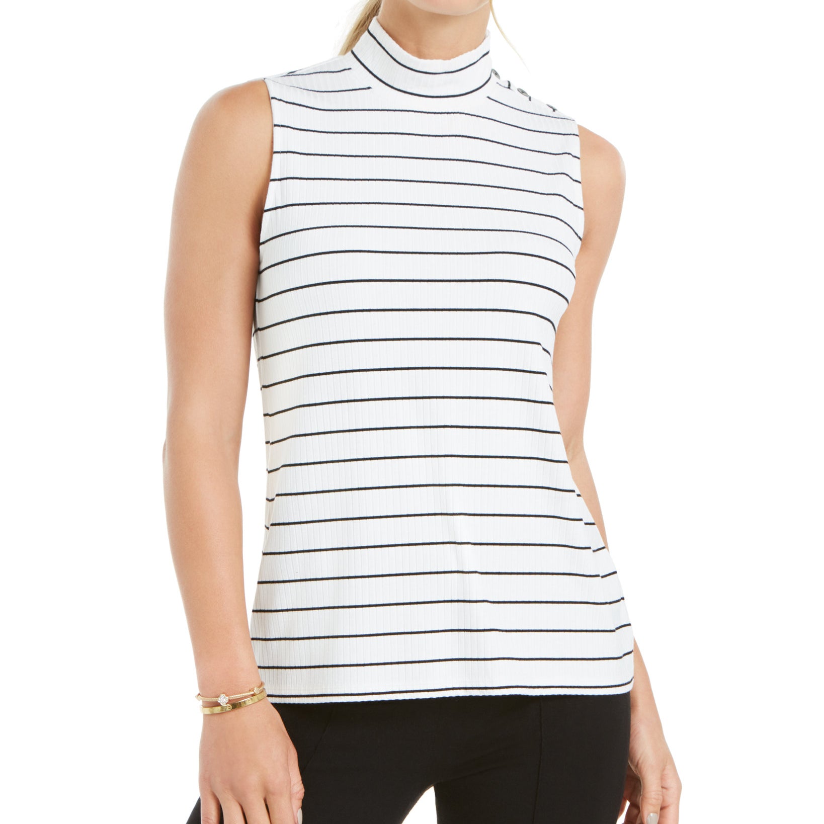 Charter Club Women Sleeveless Mock Neck Top Bright White Combo