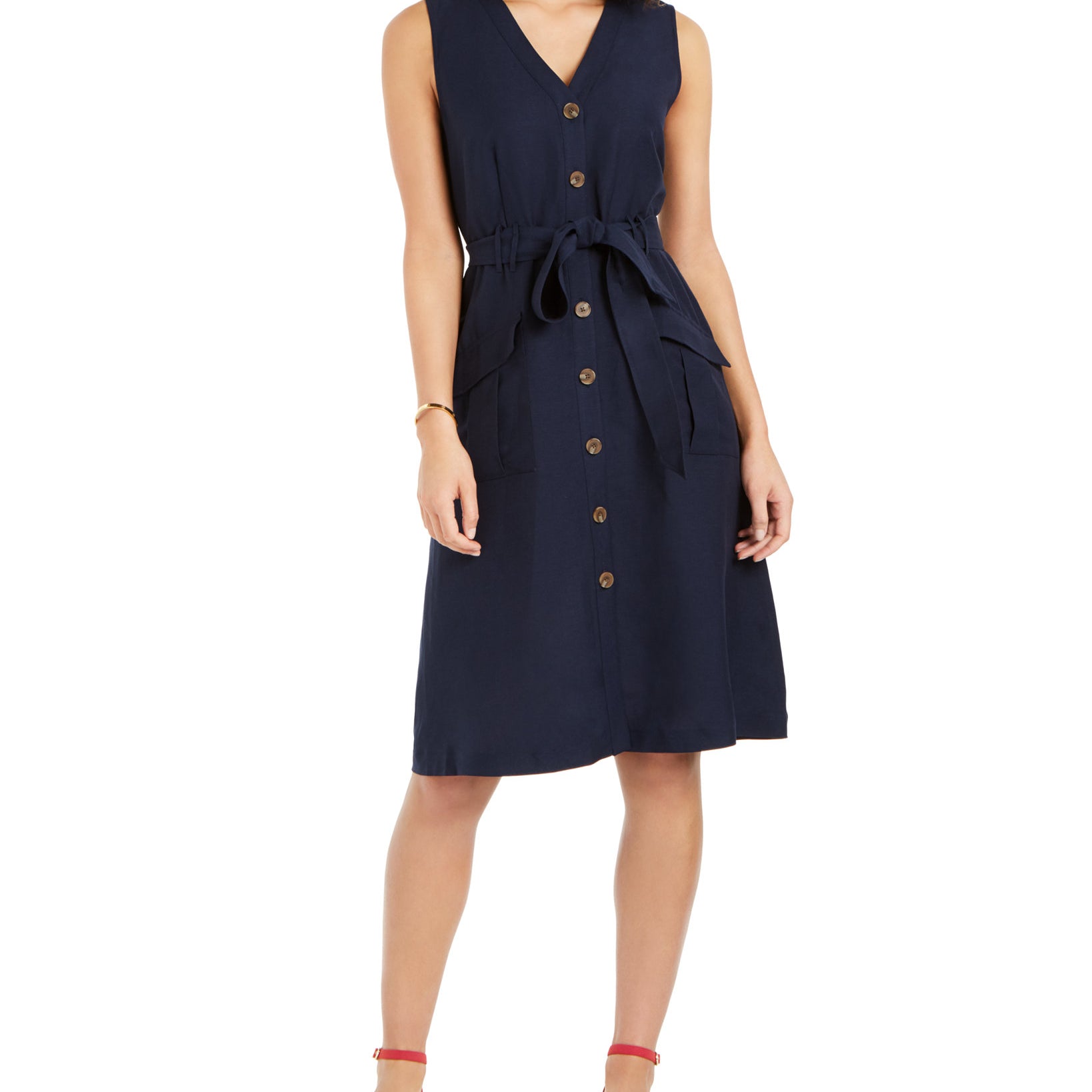 Charter Club Women Linen Blend Button Front Dress Intrepid Blue