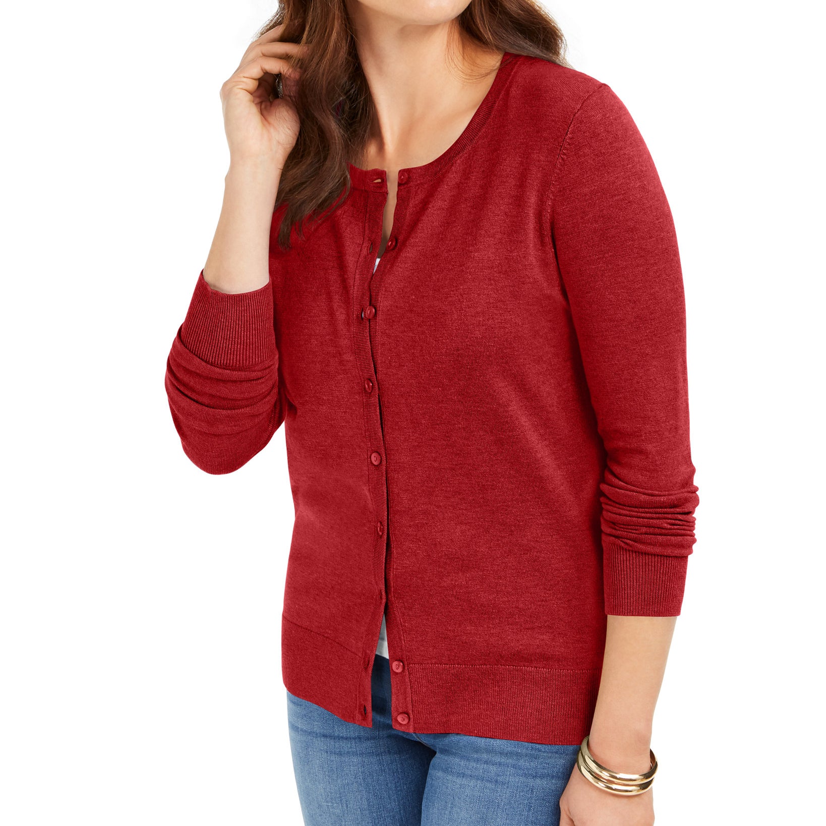 Charter Club Women Long Sleeve Button Front Cardigan Red Barn