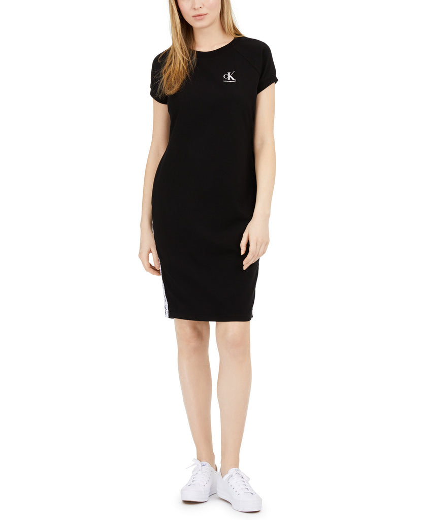 Calvin Klein Jeans Women Logo Trim Jersey Dress Black White Combo