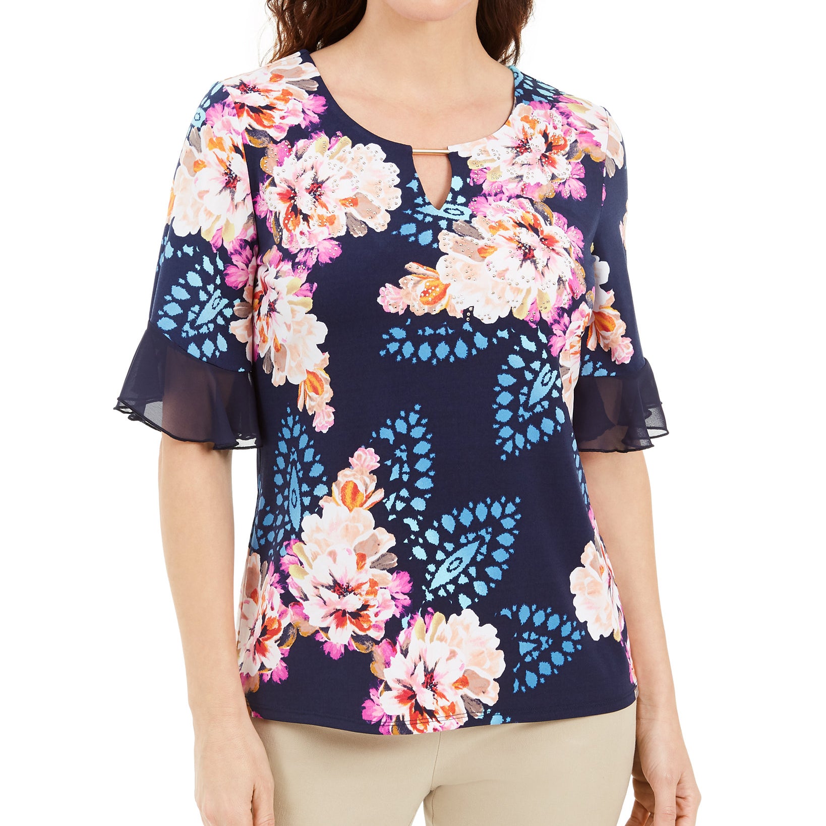 JM-Collection-Women-Liza-Floral-Print-Keyhole-Top-Intrepid-Blue-Combo
