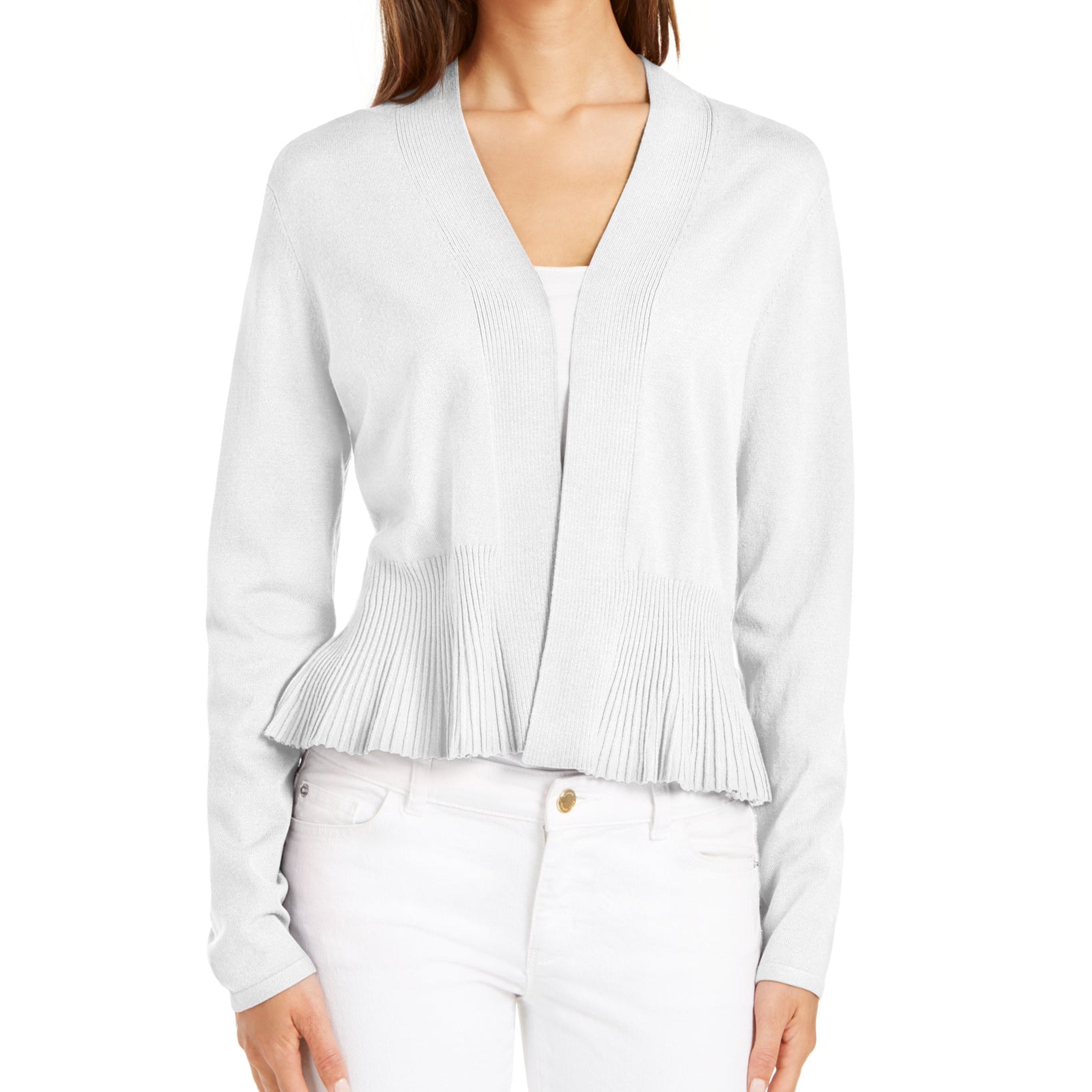Charter Club Women Solid Peplum Cardigan Sweater Bright White